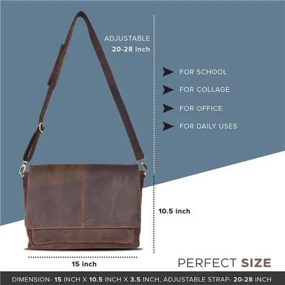 Leather Messenger Bag for Men & Women - Briefcase Bag Adjustable Shoulder Strap